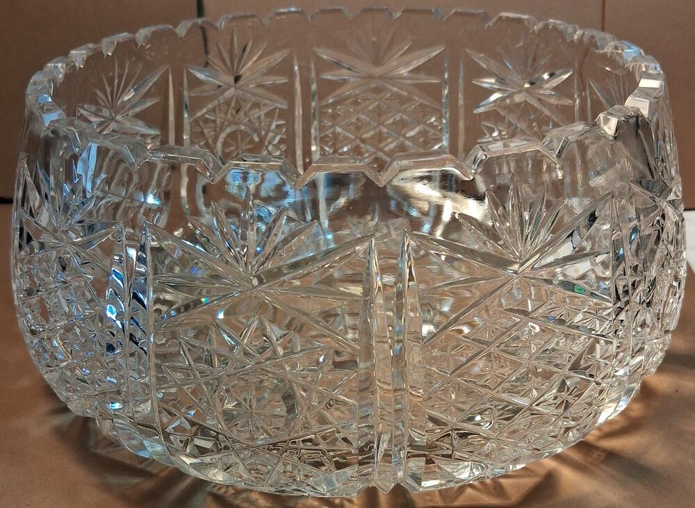 VTG Bohemian Cut Crystal Bowl 8" Queen Lace Heavy Lead Glass Centerpiece AS IS